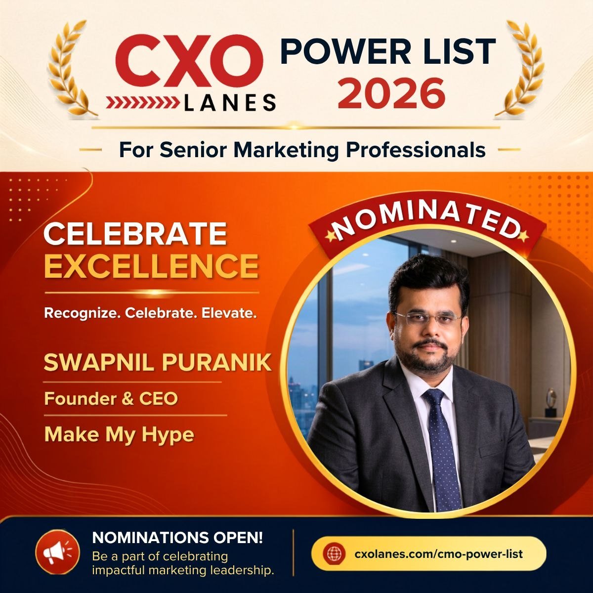 Mr Swapnil Puranik, Founder of Make My Hype featured in Marketing Powerlist 2026 by CXO Lanes